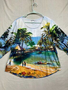 NWT Bon Worth Tropical Beach Scene Top Women’s Petite L Rhinestone Embellished